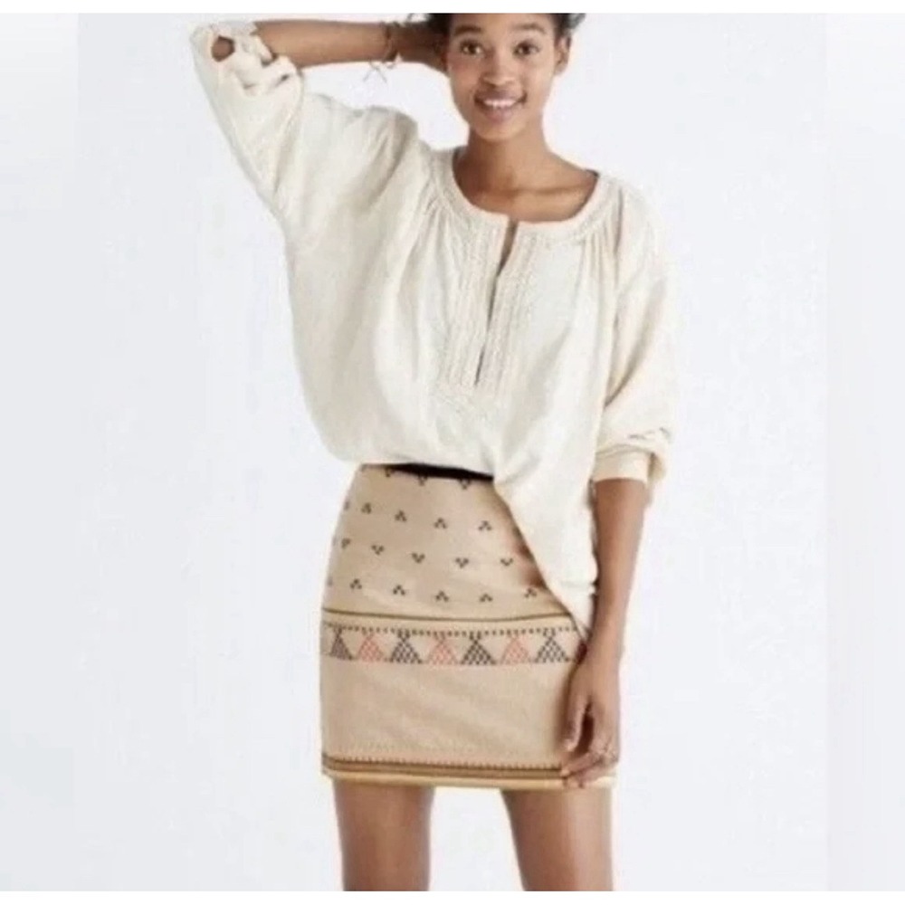 Madewell Gamine Sz 10 Mini Skirt Linen Blend Aztec Embroidered Boho Cream Artsy